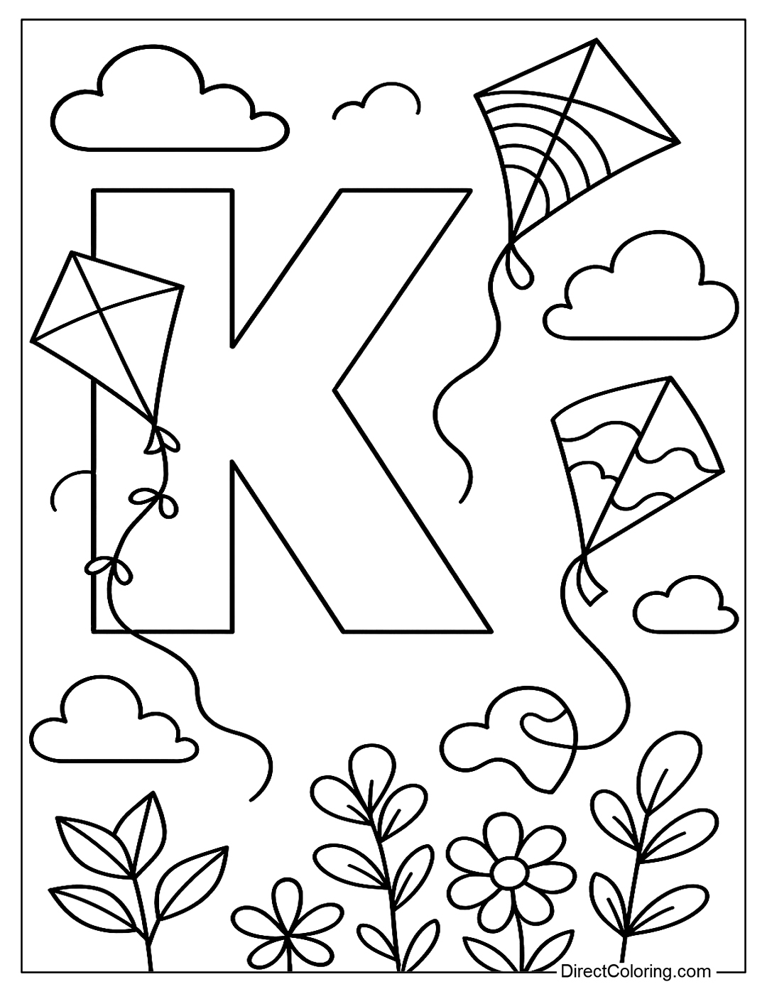 A coloring page of the letter K with kites flying in the wind, long strings and clouds in the sky.